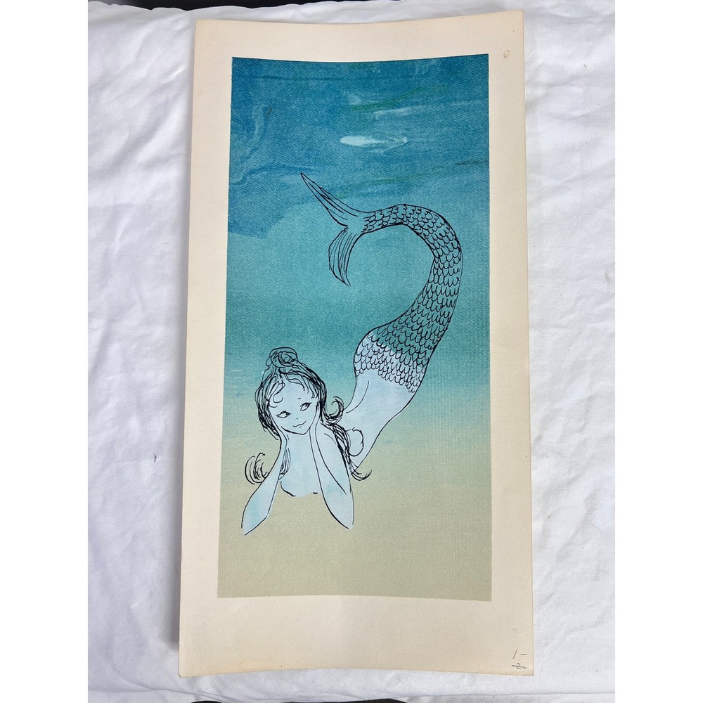 Mermaid Woodblock Print Mermaid‎ Art Unsigned 17"x8" - Picture 3 of 10